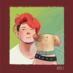 Portrait de Calvin, un homme aux cheveux rouges bouclés, avec son chien Salto, un podenco couleur sable.